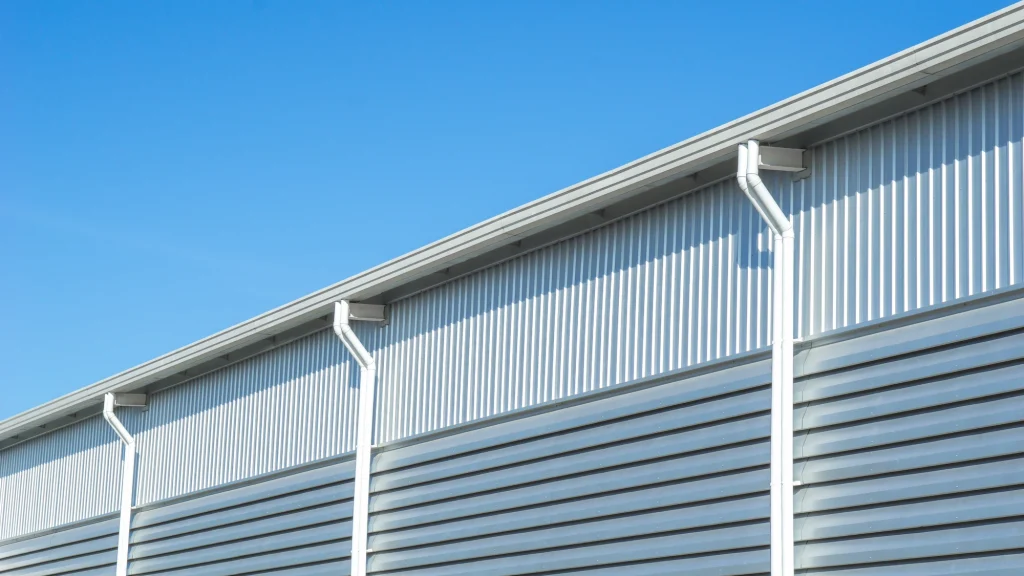 commercial box gutter on white warehouse