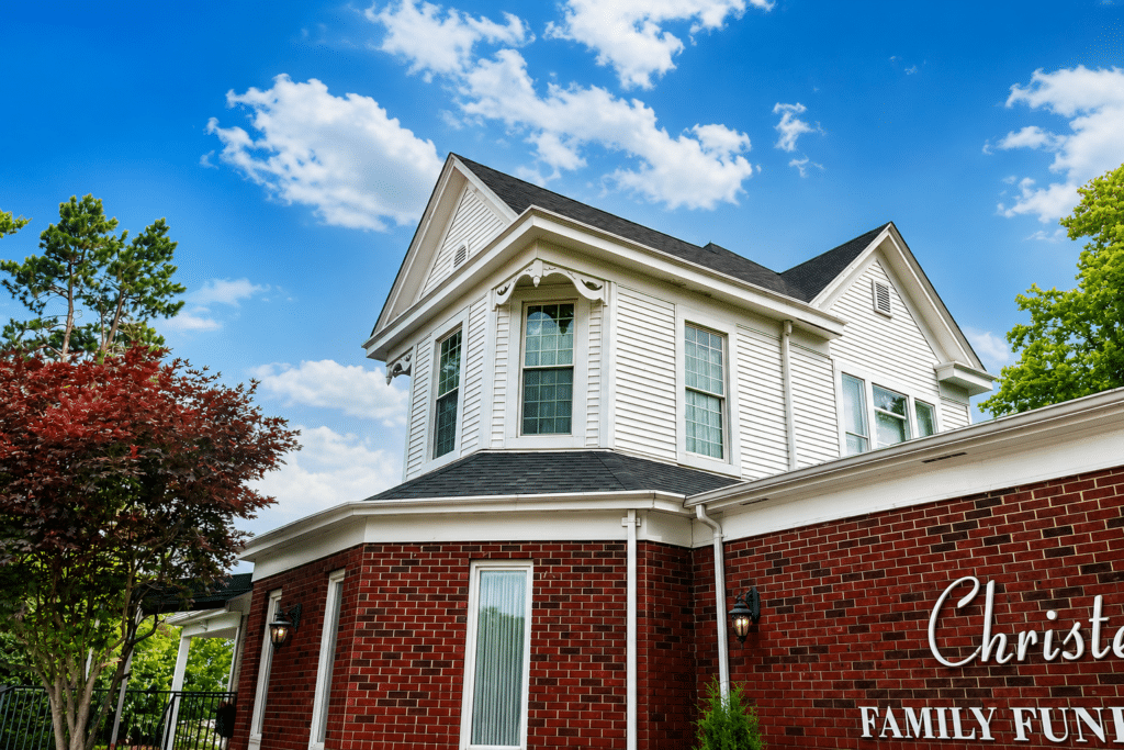 New architectural shingle roof installed at Christensen Family Funeral Home in Brownstown, Indiana