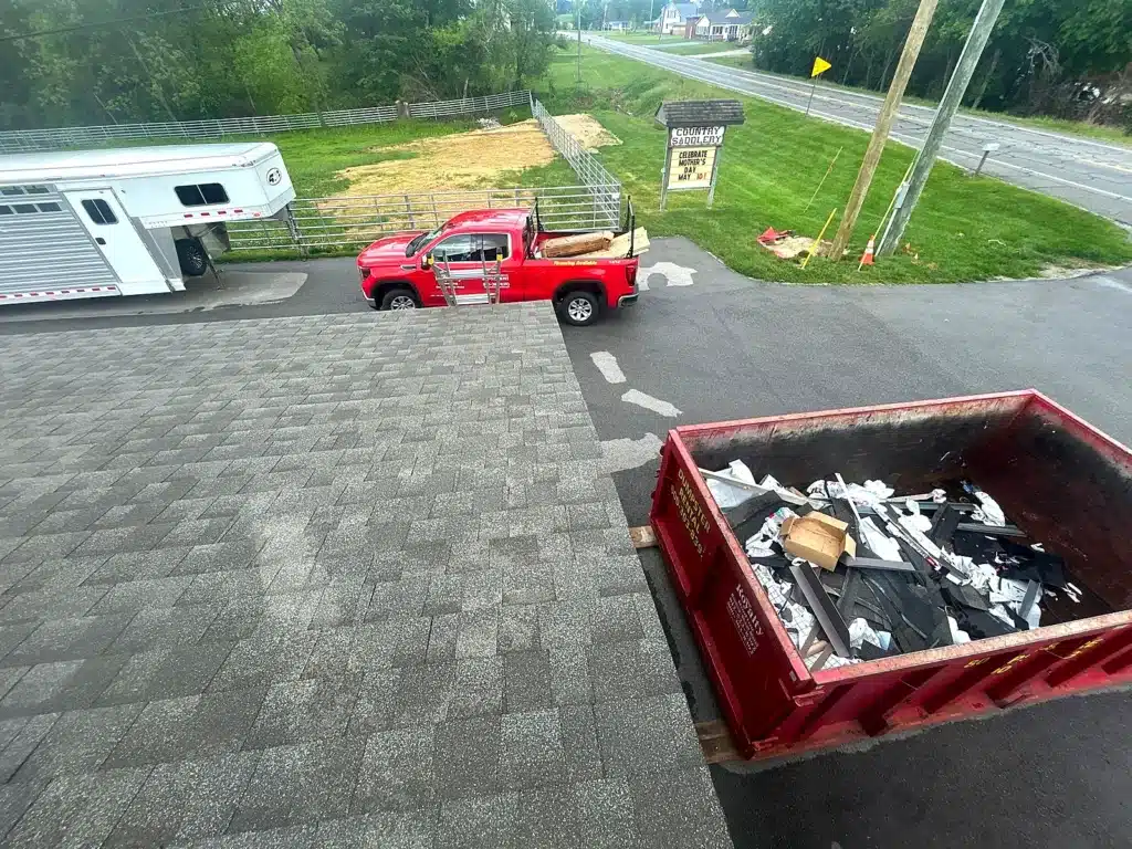 New architectural shingle roof installation at Country Saddlery in Seymour Indiana with clean jobsite and debris removal