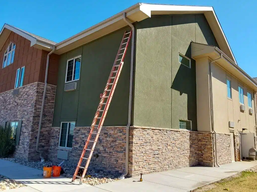 Completed reroof and gutter replacement at Legend Assisted Living in Colorado Springs, Colorado.