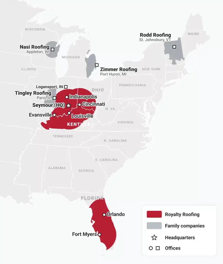 Royalty Roofing residential service area map